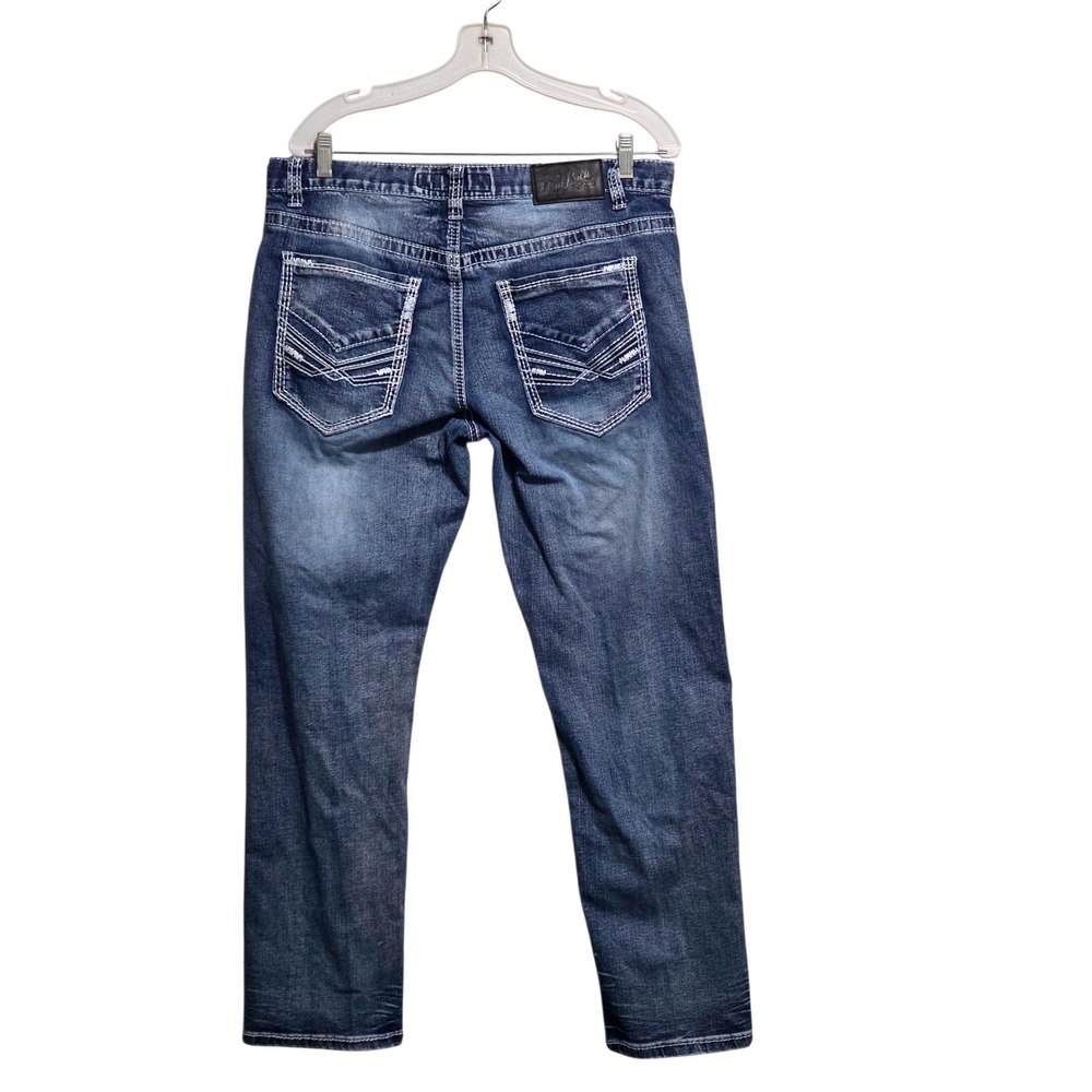 True Luck‎ Mens Straight Leg Jeans Blue Medium Wash Contrast Stitch 34x30